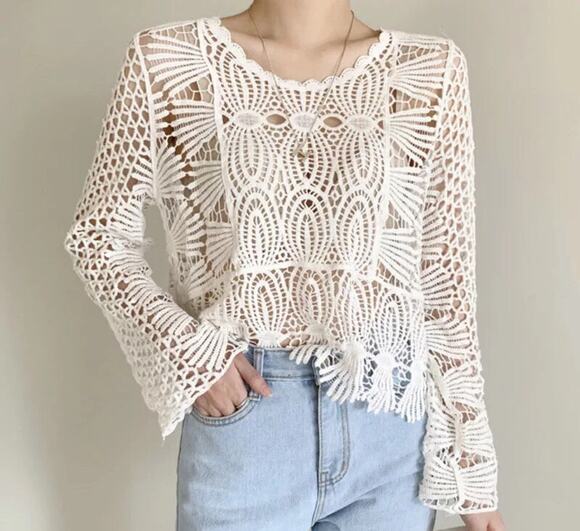Free People Tops - Rebellion Bohemian Chic Open Knit Seashell Sweater 100% Cotton Western Festival